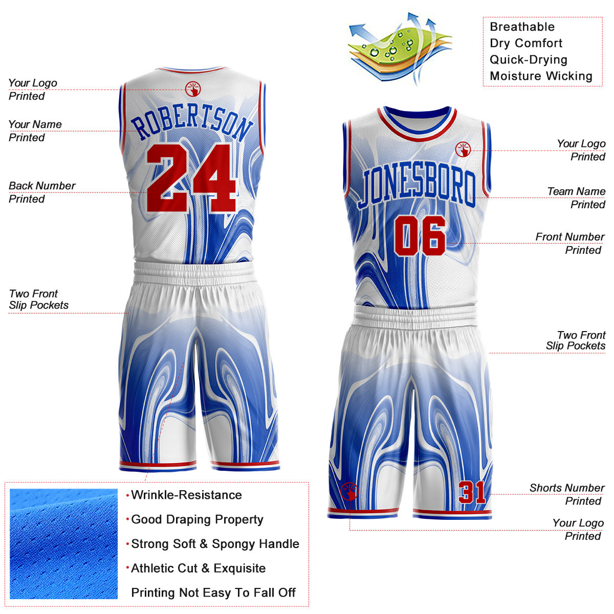 Custom White Red-Thunder Blue Marble Swirl Liquid Fluid Round Neck Sublimation Basketball Uniform Jersey view 2