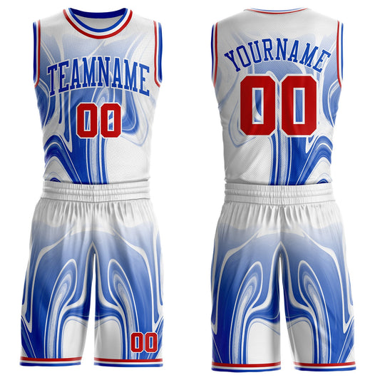 Custom White Red-Thunder Blue Marble Swirl Liquid Fluid Round Neck Sublimation Basketball Uniform Jersey - Main View