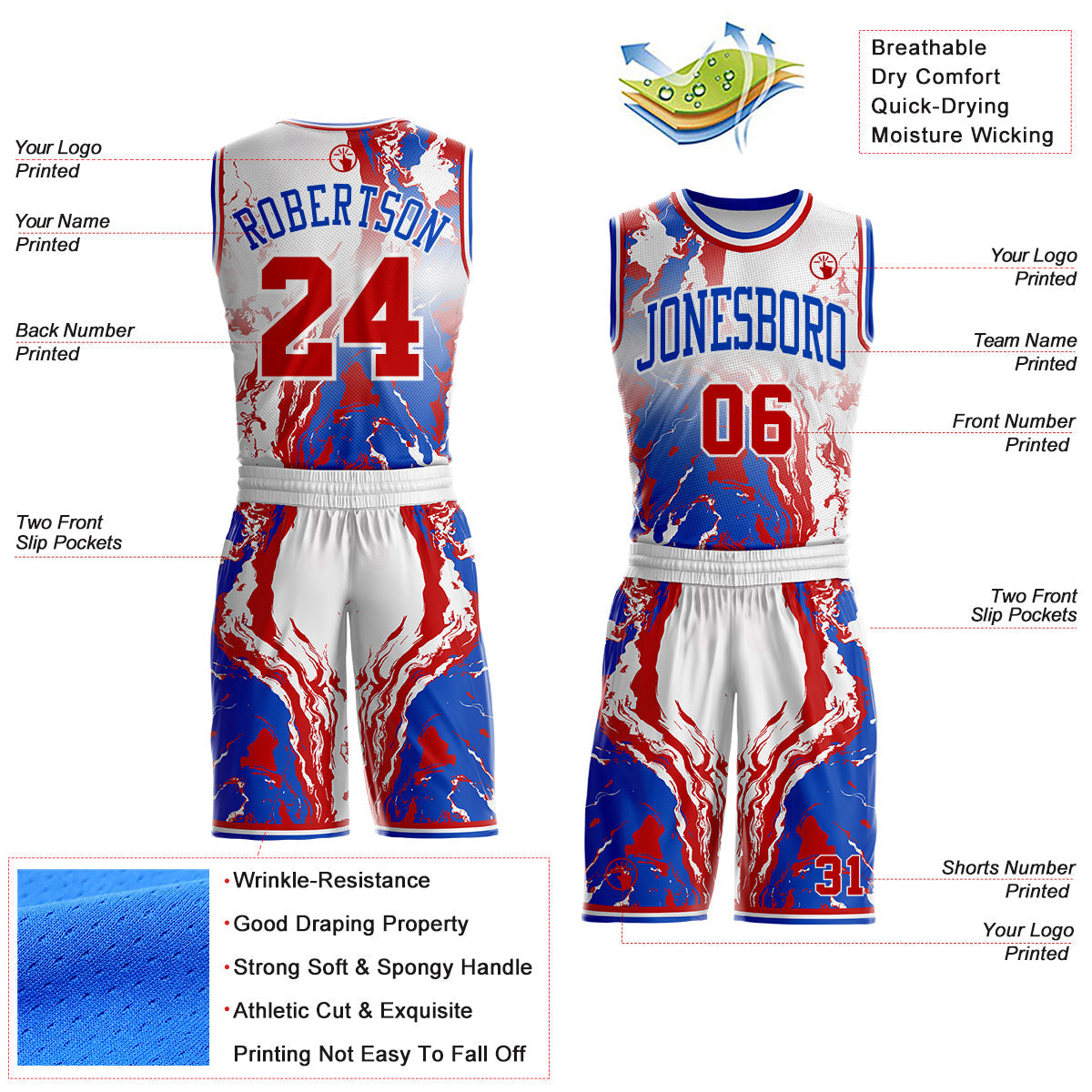 Custom White Red-Thunder Blue Marble Swirl Liquid Fluid Round Neck Sublimation Basketball Uniform Jersey view 2