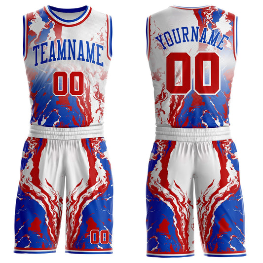 Custom White Red-Thunder Blue Marble Swirl Liquid Fluid Round Neck Sublimation Basketball Uniform Jersey - Main View