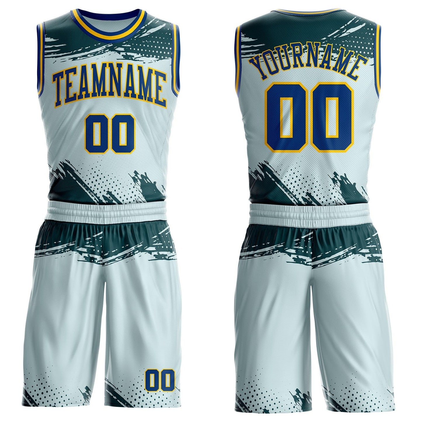 Custom Blue US Navy Blue-Yellow Brush Stroke Paint Splash Round Neck Sublimation Basketball Uniform Jersey - Main View