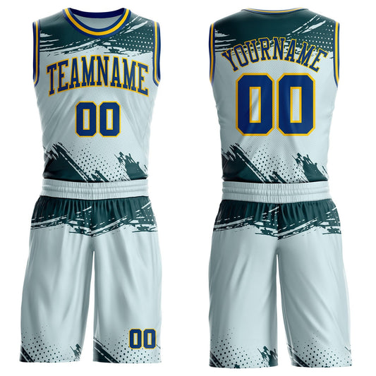 Custom Blue US Navy Blue-Yellow Brush Stroke Paint Splash Round Neck Sublimation Basketball Uniform Jersey - Main View