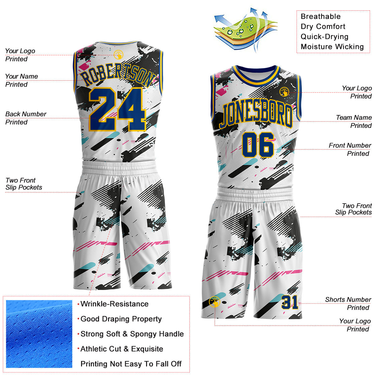 Custom White US Navy Blue Black Pink-Yellow Brush Stroke Paint Splash Round Neck Sublimation Basketball Uniform Jersey view 2