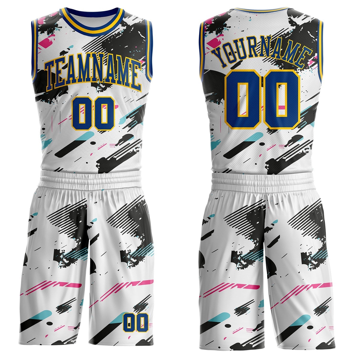 Custom White US Navy Blue Black Pink-Yellow Brush Stroke Paint Splash Round Neck Sublimation Basketball Uniform Jersey - Main View