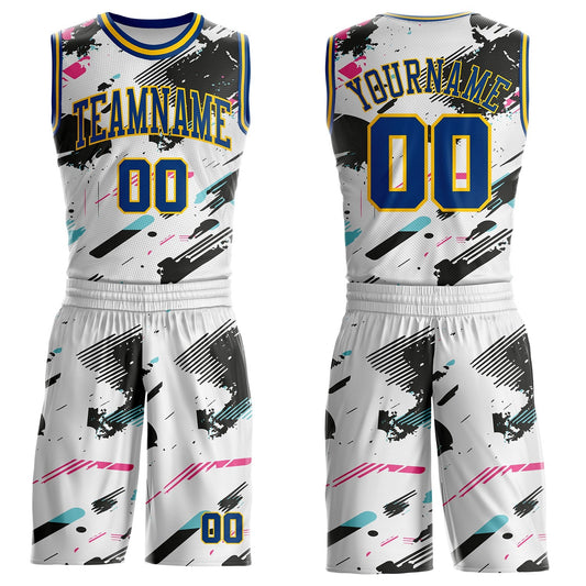 Custom White US Navy Blue Black Pink-Yellow Brush Stroke Paint Splash Round Neck Sublimation Basketball Uniform Jersey - Main View