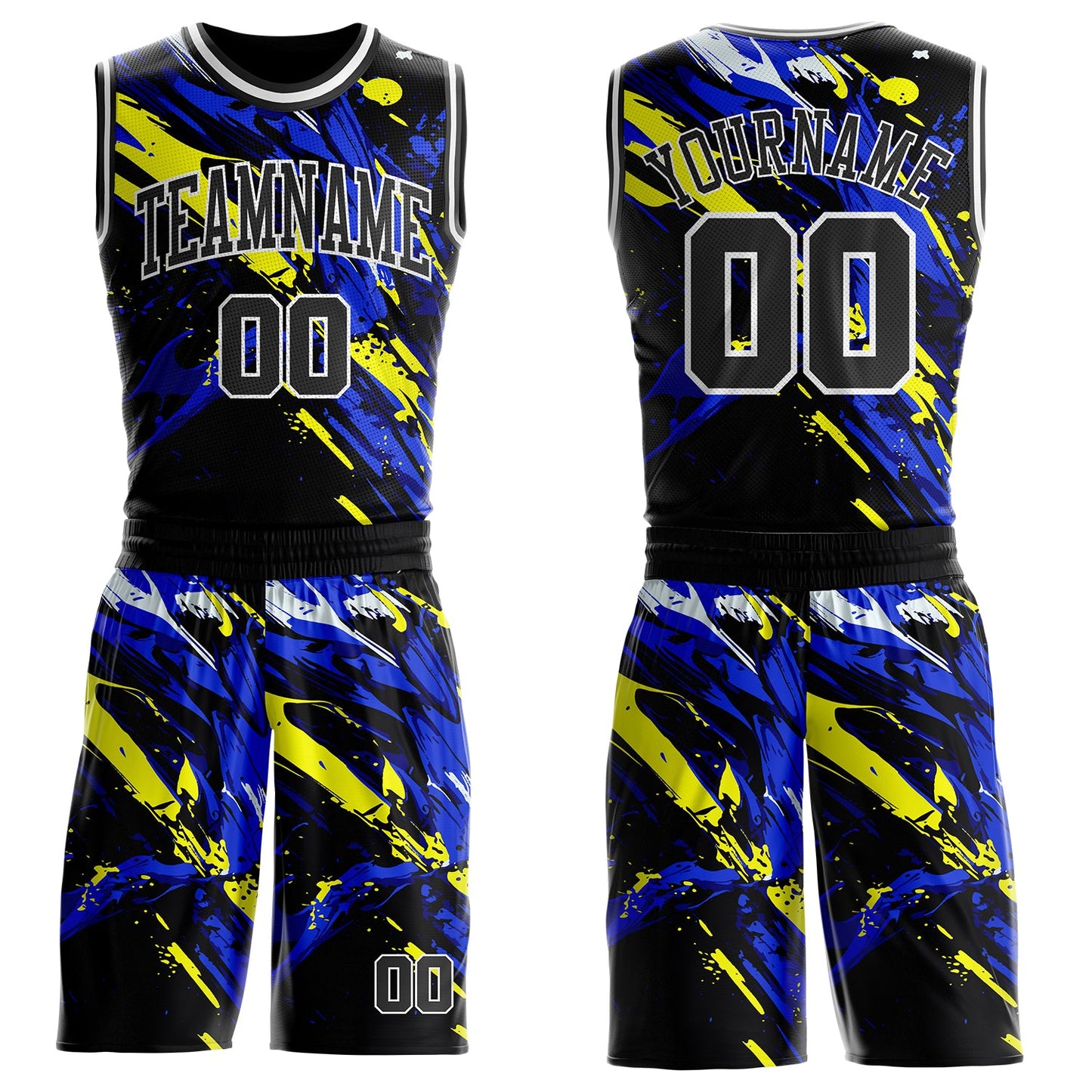 Custom Black Blue Yellow-White Brush Stroke Paint Splash Round Neck Sublimation Basketball Uniform Jersey - Main View