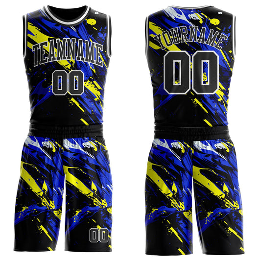 Custom Black Blue Yellow-White Brush Stroke Paint Splash Round Neck Sublimation Basketball Uniform Jersey - Main View
