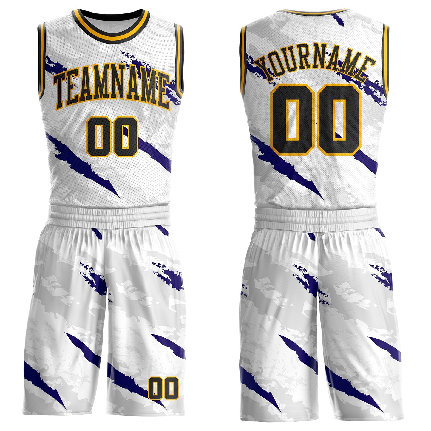 Custom White Black Blue-Gold Brush Stroke Paint Splash Round Neck Sublimation Basketball Uniform Jersey - Main View