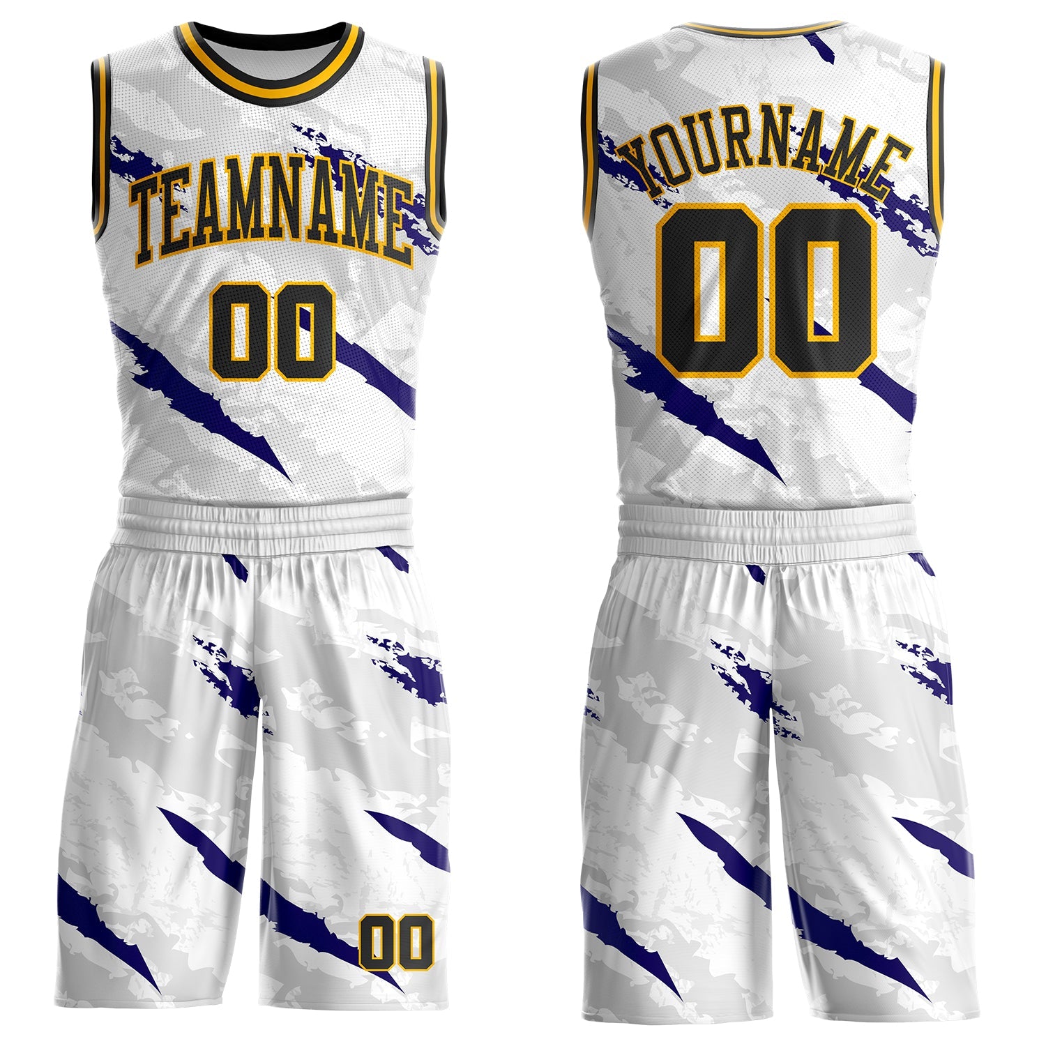 Custom White Black Blue-Gold Brush Stroke Paint Splash Round Neck Sublimation Basketball Uniform Jersey - Main View