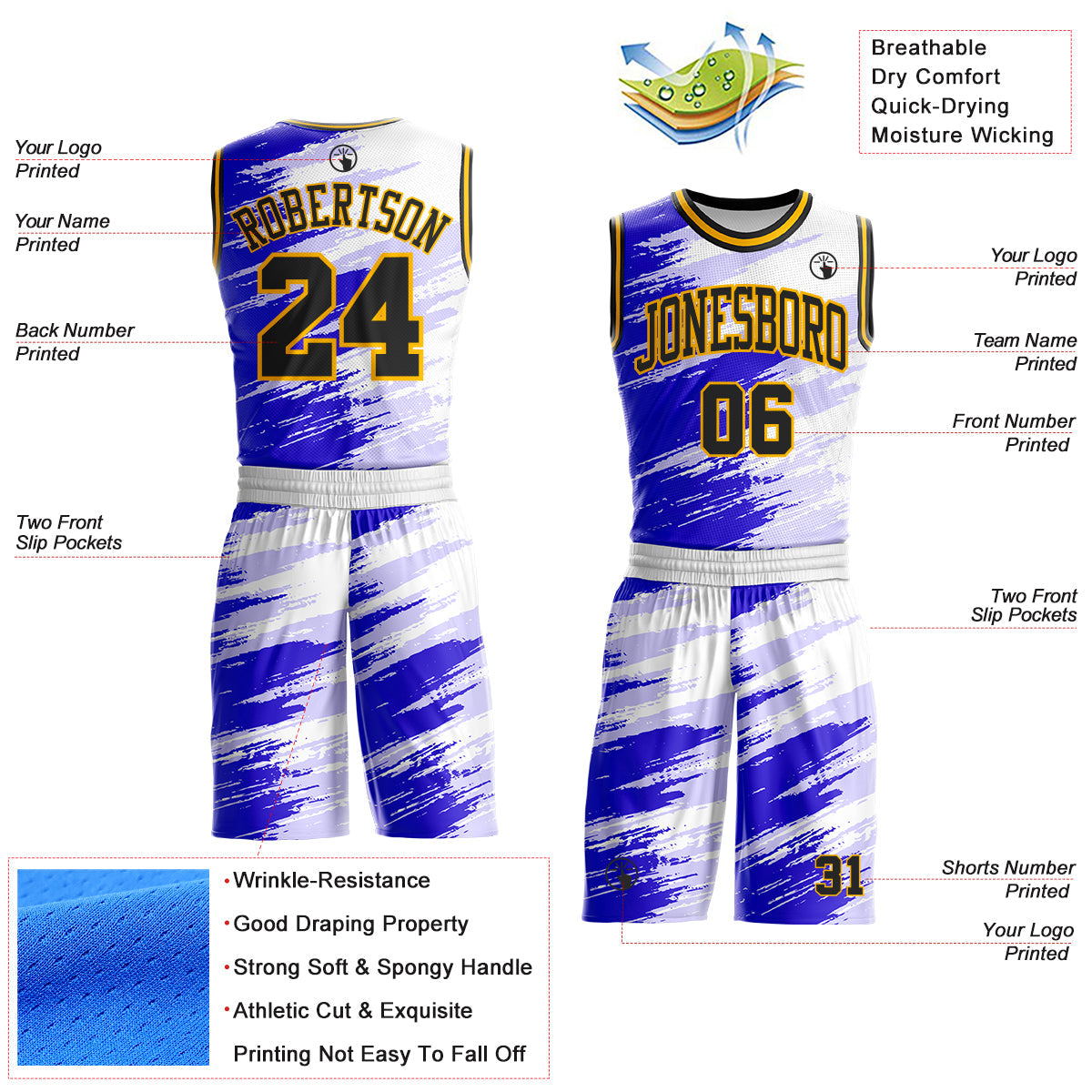 Custom White Black Blue-Gold Brush Stroke Paint Splash Round Neck Sublimation Basketball Uniform Jersey view 2
