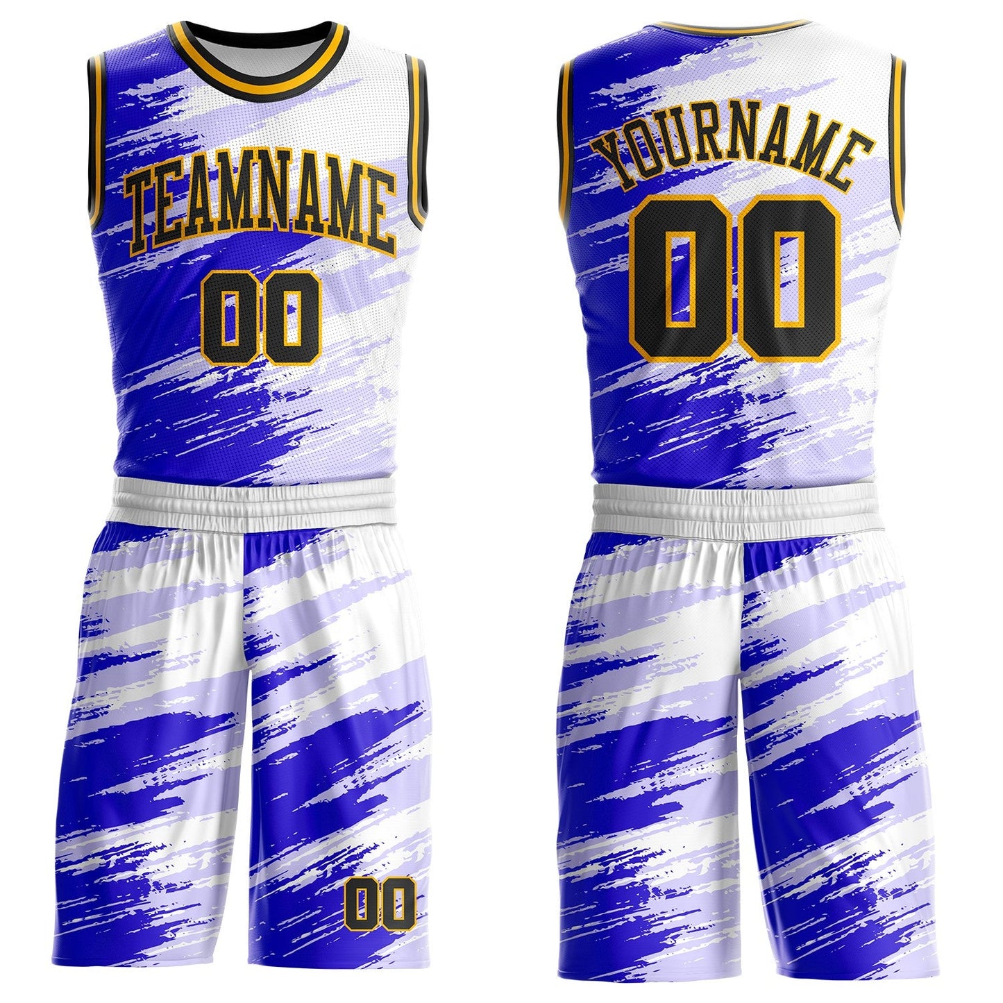 Custom White Black Blue-Gold Brush Stroke Paint Splash Round Neck Sublimation Basketball Uniform Jersey - Main View