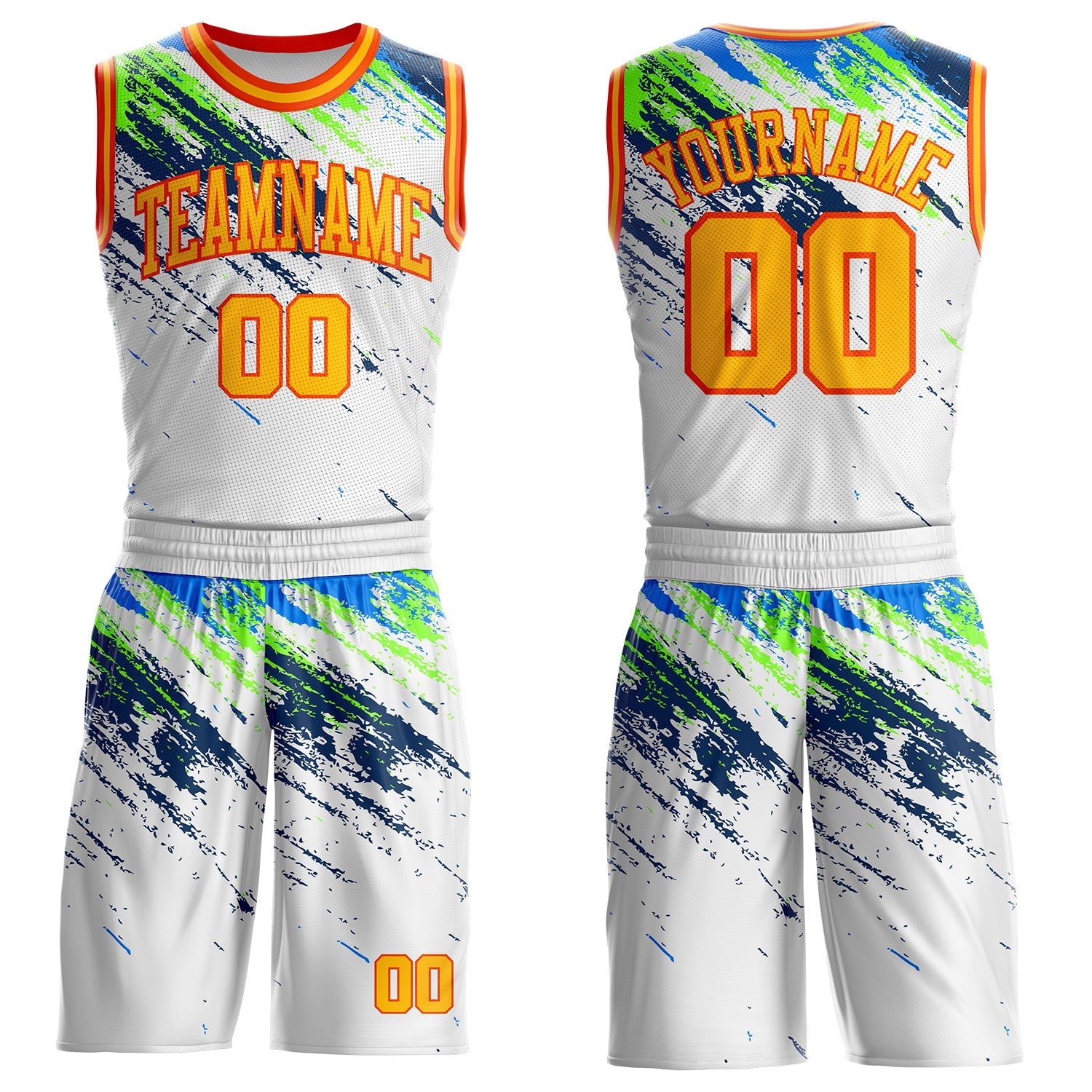 Custom White Gold Blue Neon Green-Orange Brush Stroke Paint Splash Round Neck Sublimation Basketball Uniform Jersey - Main View