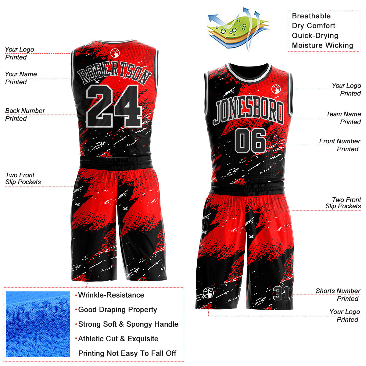 Custom Red Black-White Brush Stroke Paint Splash Round Neck Sublimation Basketball Uniform Jersey view 2