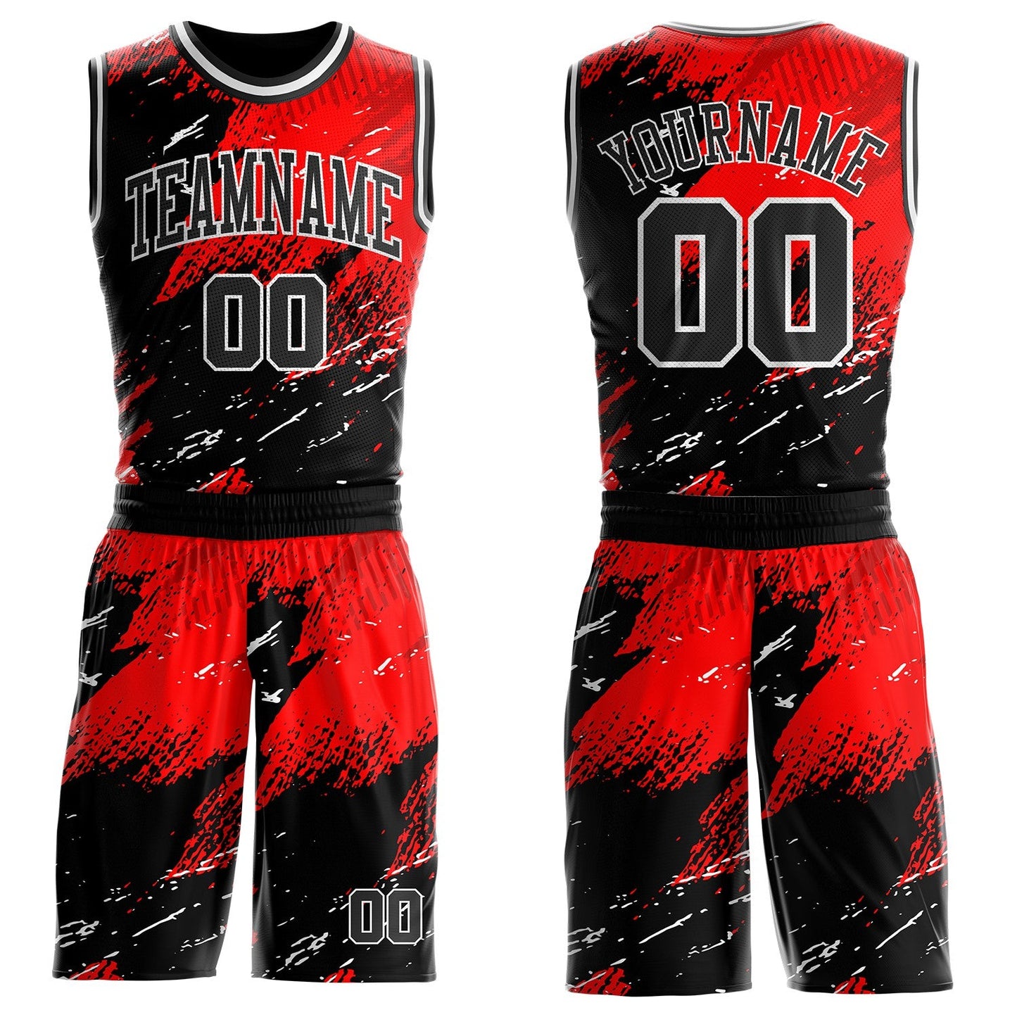 Custom Red Black-White Brush Stroke Paint Splash Round Neck Sublimation Basketball Uniform Jersey - Main View