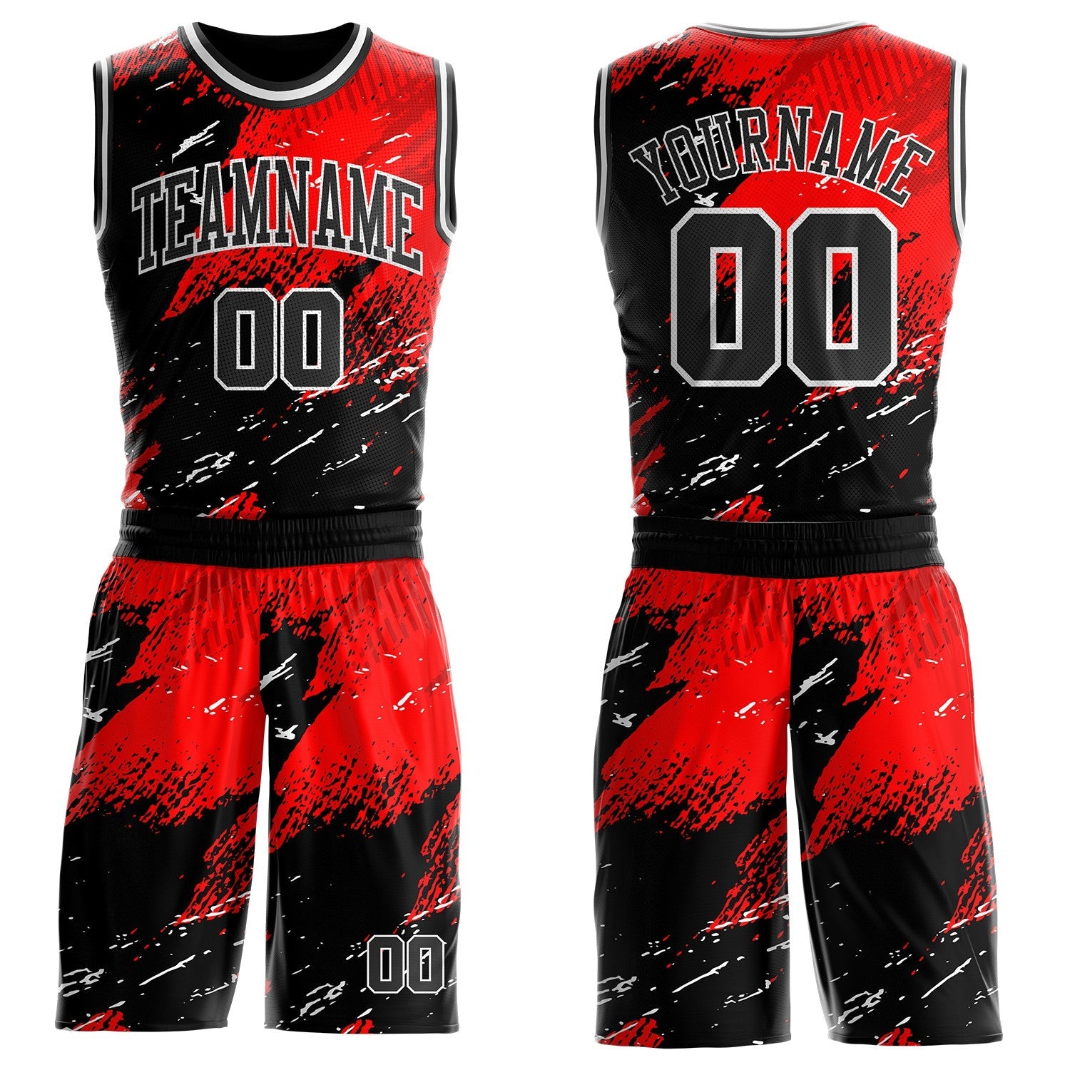 Custom Red Black-White Brush Stroke Paint Splash Round Neck Sublimation Basketball Uniform Jersey - Main View