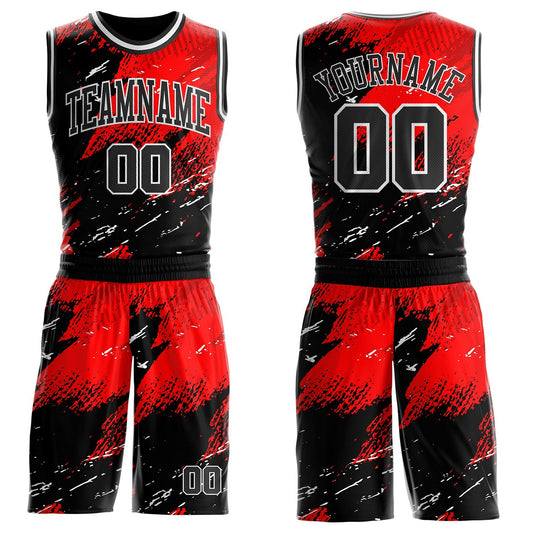 Custom Red Black-White Brush Stroke Paint Splash Round Neck Sublimation Basketball Uniform Jersey - Main View