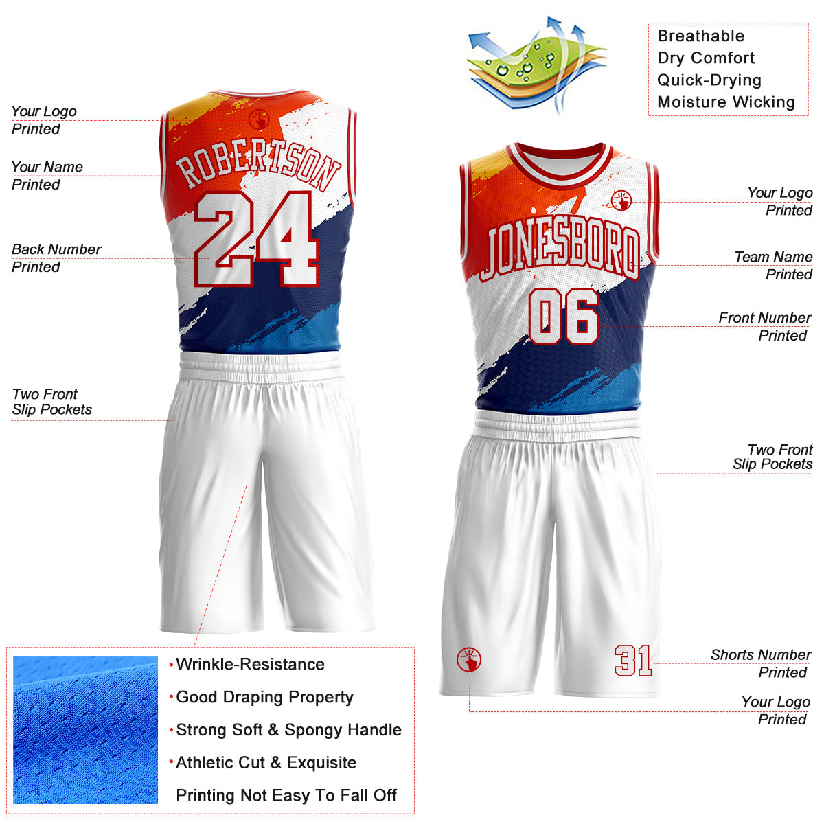 Custom White Blue Orange Yellow-Red Brush Stroke Paint Splash Round Neck Sublimation Basketball Uniform Jersey view 2