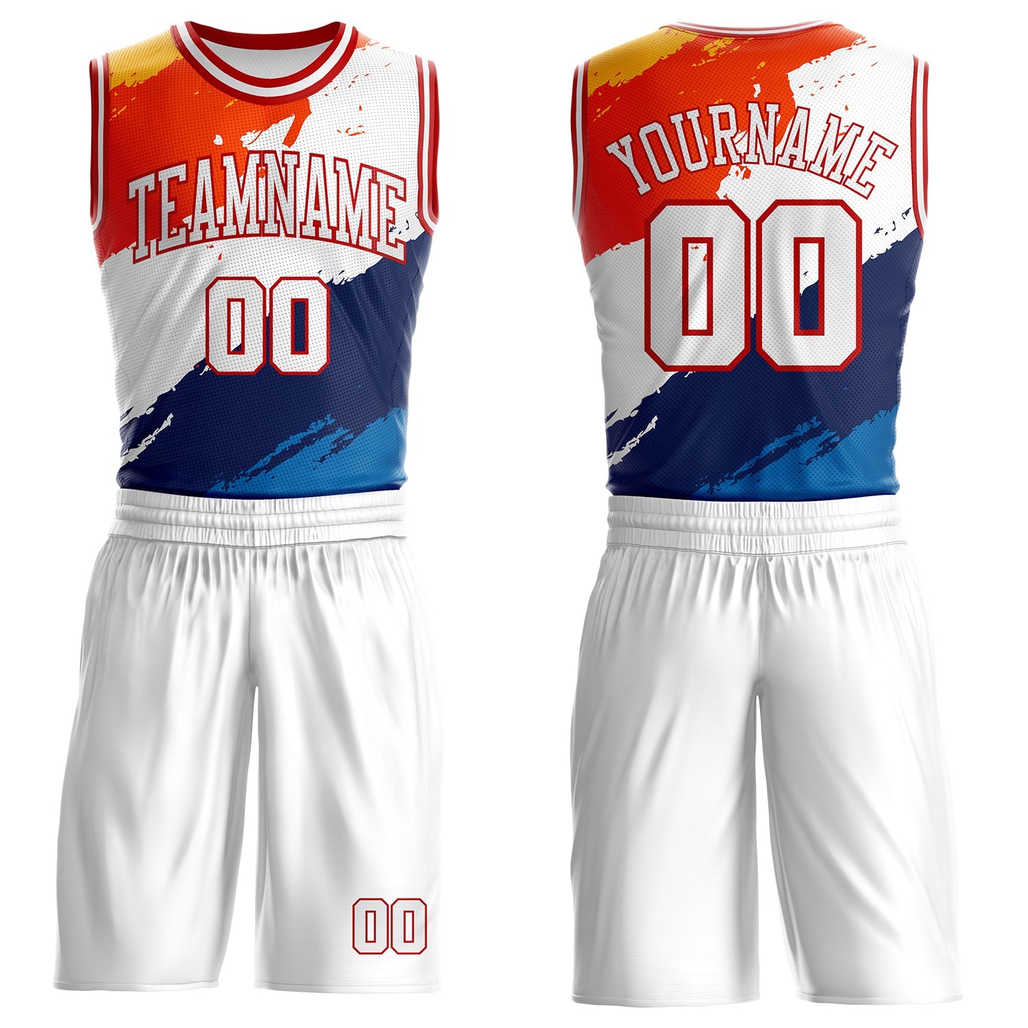 Custom White Blue Orange Yellow-Red Brush Stroke Paint Splash Round Neck Sublimation Basketball Uniform Jersey - Main View