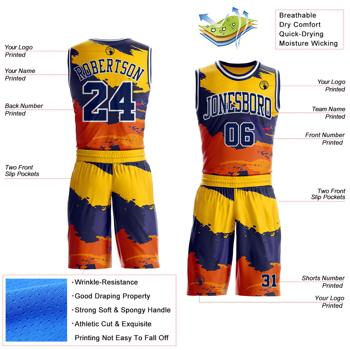 Custom Gold Navy Orange-White Brush Stroke Paint Splash Round Neck Sublimation Basketball Uniform Jersey view 2