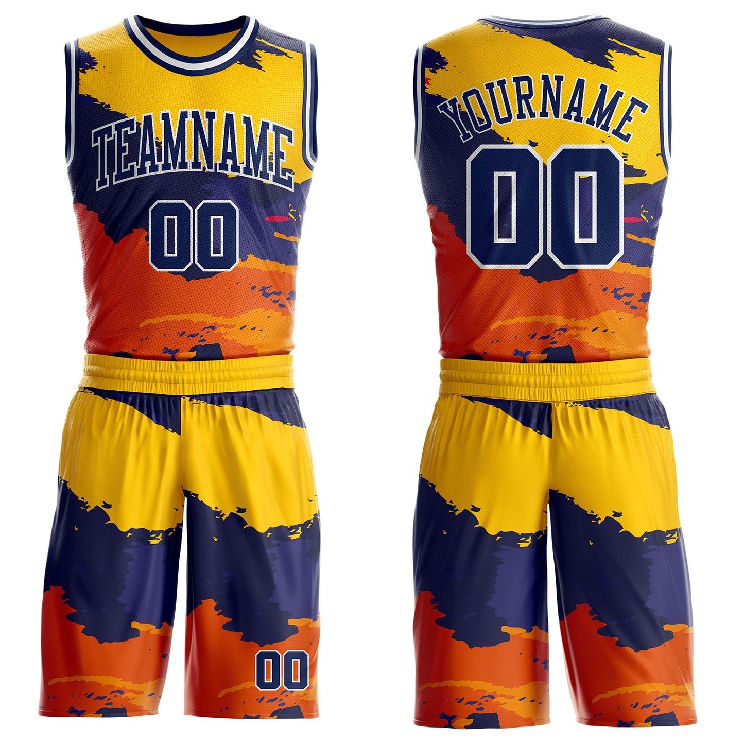 Custom Gold Navy Orange-White Brush Stroke Paint Splash Round Neck Sublimation Basketball Uniform Jersey - Main View