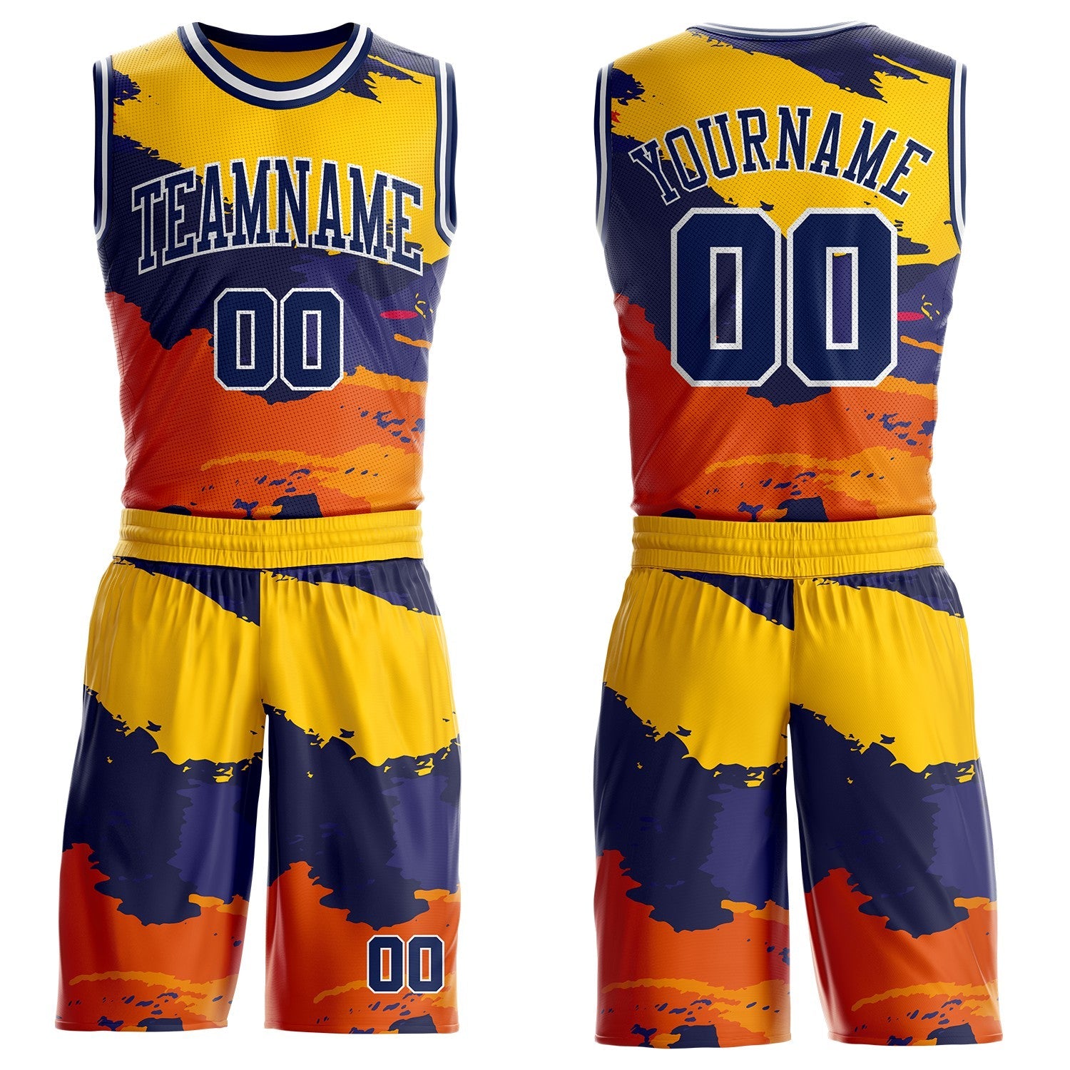 Custom Gold Navy Orange-White Brush Stroke Paint Splash Round Neck Sublimation Basketball Uniform Jersey - Main View