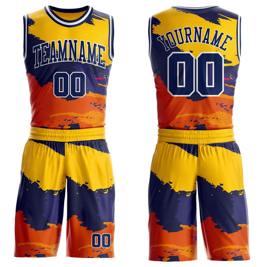 Custom Gold Navy Orange-White Brush Stroke Paint Splash Round Neck Sublimation Basketball Uniform Jersey - Main View