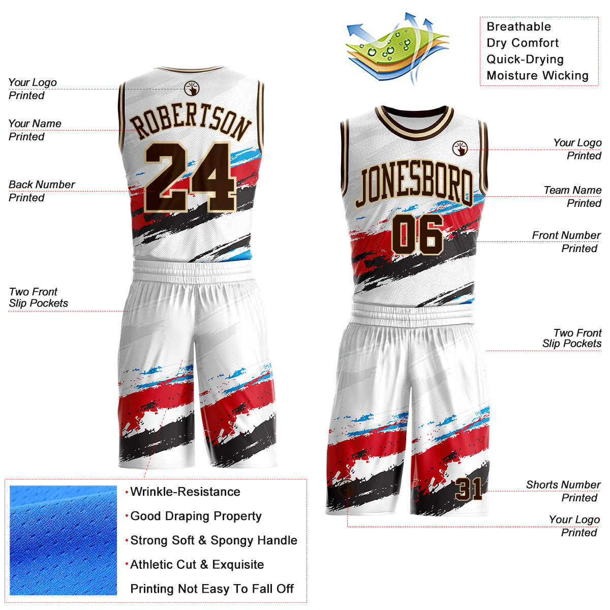 Custom White Brown Red Blue Black-Cream Brush Stroke Paint Splash Round Neck Sublimation Basketball Uniform Jersey view 2