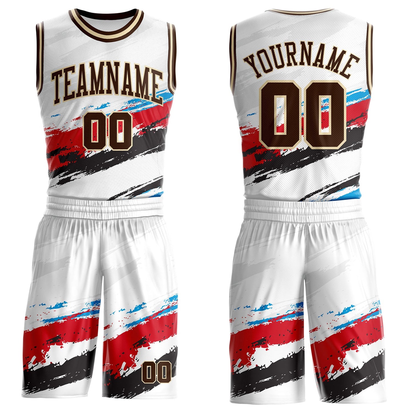 Custom White Brown Red Blue Black-Cream Brush Stroke Paint Splash Round Neck Sublimation Basketball Uniform Jersey - Main View