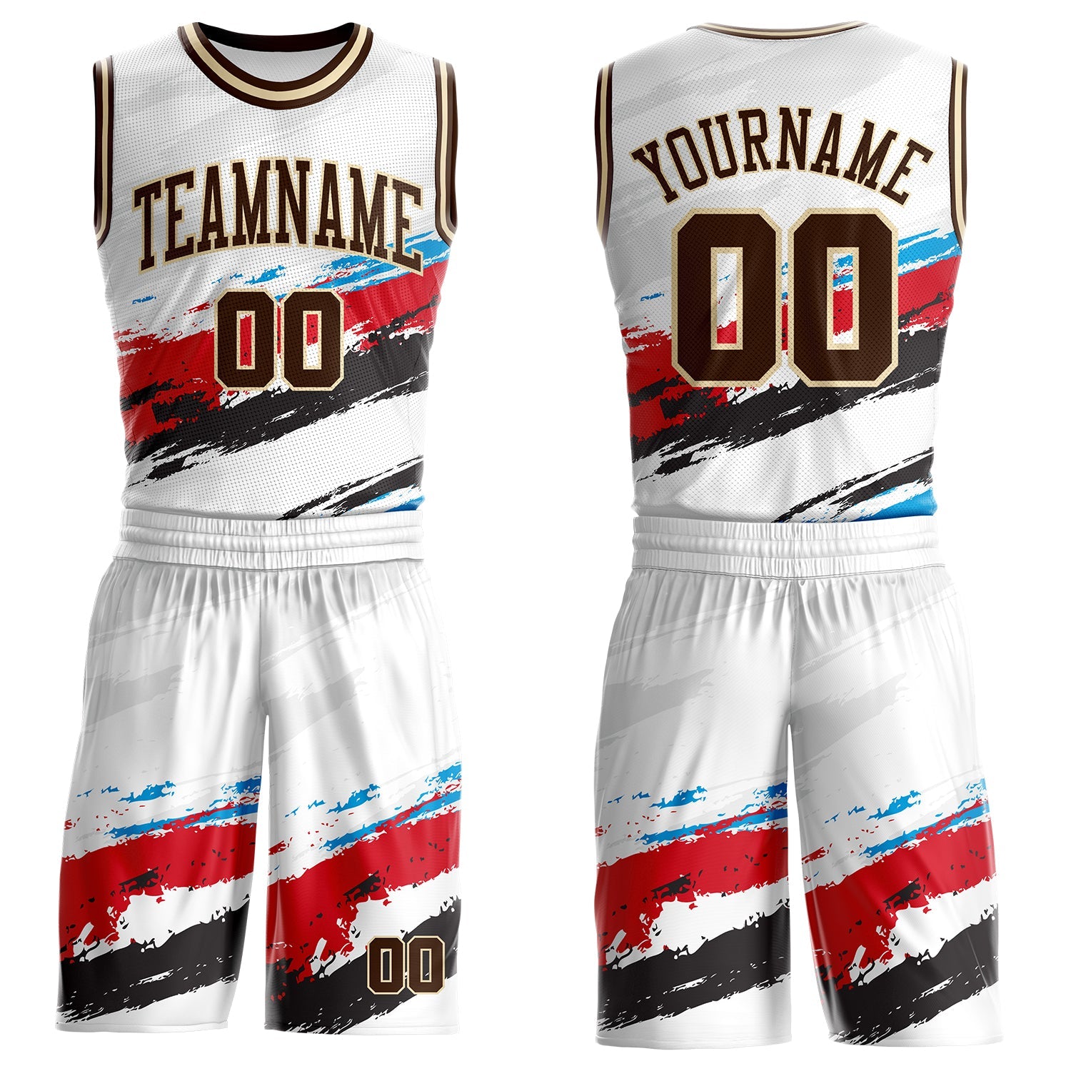 Custom White Brown Red Blue Black-Cream Brush Stroke Paint Splash Round Neck Sublimation Basketball Uniform Jersey - Main View