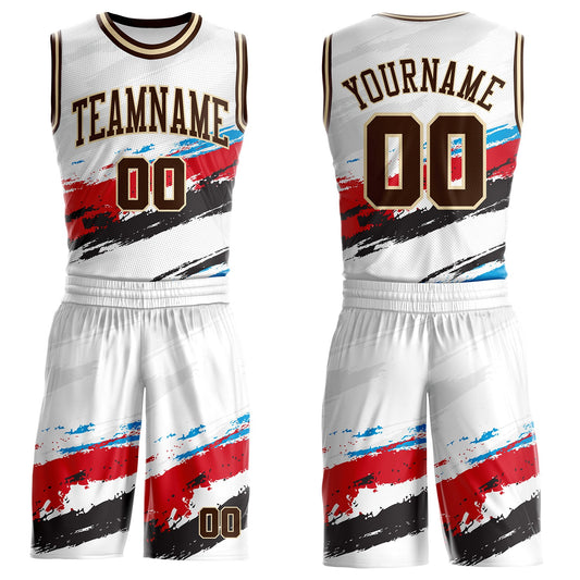 Custom White Brown Red Blue Black-Cream Brush Stroke Paint Splash Round Neck Sublimation Basketball Uniform Jersey - Main View