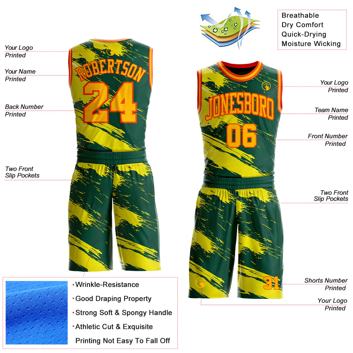 Custom Green Gold-Orange Brush Stroke Paint Splash Round Neck Sublimation Basketball Uniform Jersey view 2