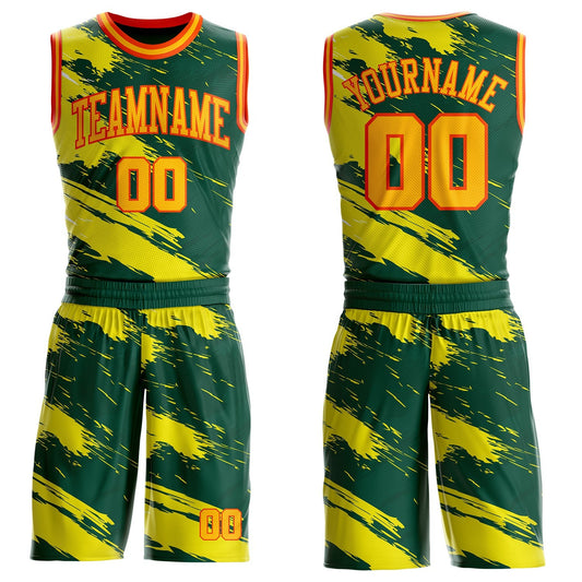 Custom Green Gold-Orange Brush Stroke Paint Splash Round Neck Sublimation Basketball Uniform Jersey - Main View