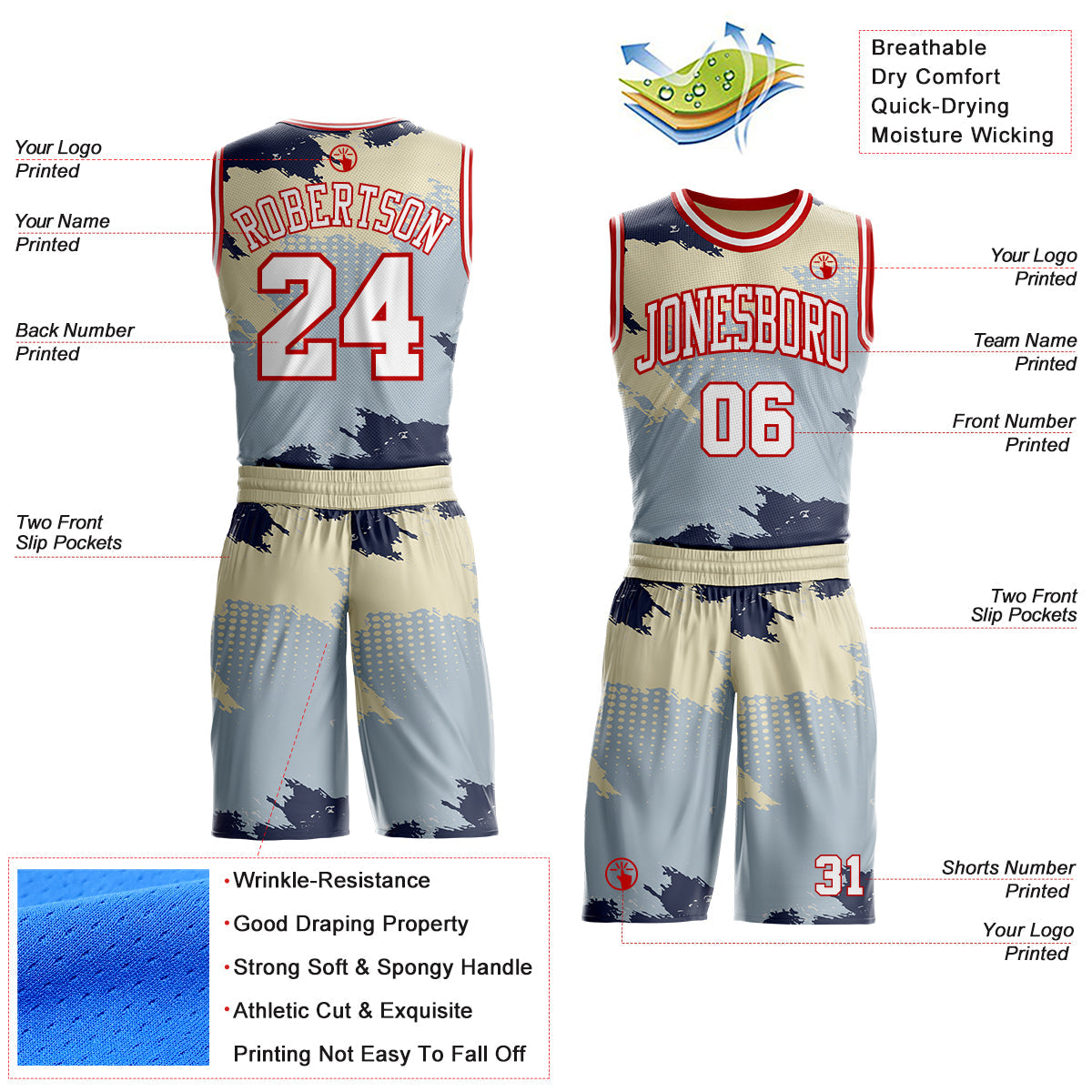 Custom Gray White Blue Cream-Red Brush Stroke Paint Splash Round Neck Sublimation Basketball Uniform Jersey view 2