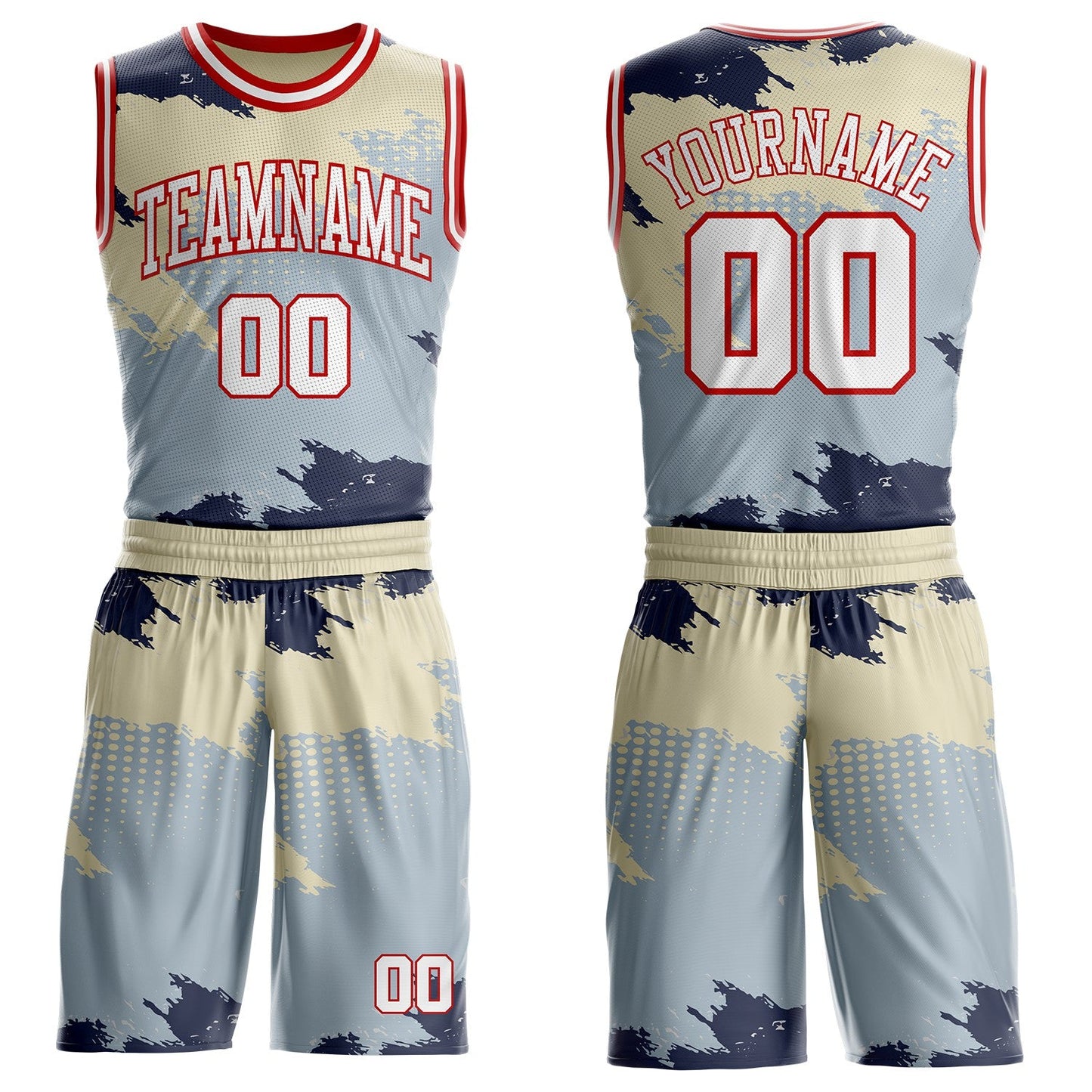 Custom Gray White Blue Cream-Red Brush Stroke Paint Splash Round Neck Sublimation Basketball Uniform Jersey - Main View