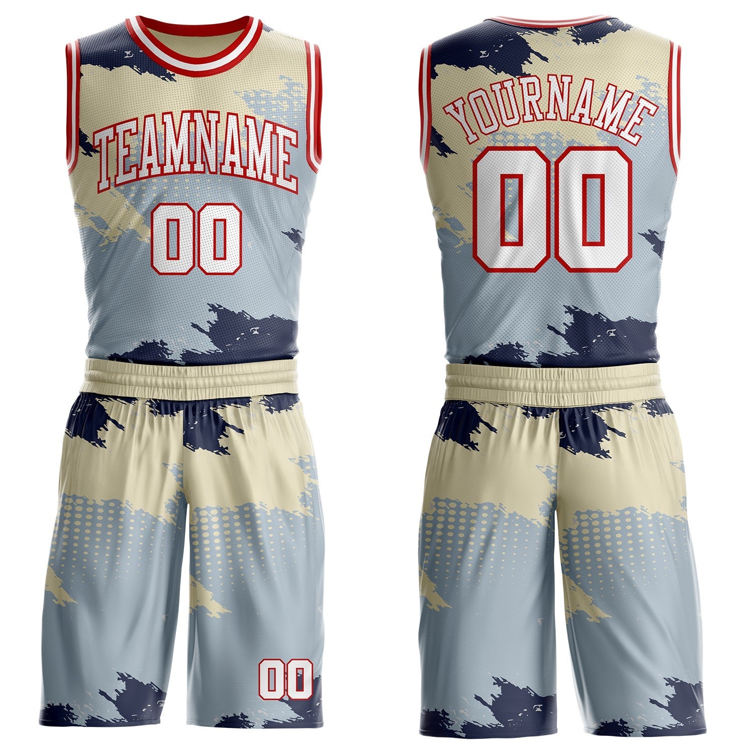Custom Gray White Blue Cream-Red Brush Stroke Paint Splash Round Neck Sublimation Basketball Uniform Jersey - Main View