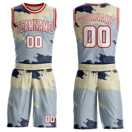Custom Gray White Blue Cream-Red Brush Stroke Paint Splash Round Neck Sublimation Basketball Uniform Jersey - Main View