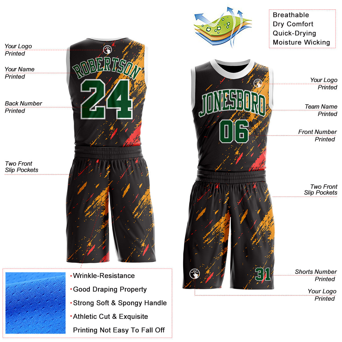 Custom Black Green Yellow Red-White Brush Stroke Paint Splash Round Neck Sublimation Basketball Uniform Jersey view 2