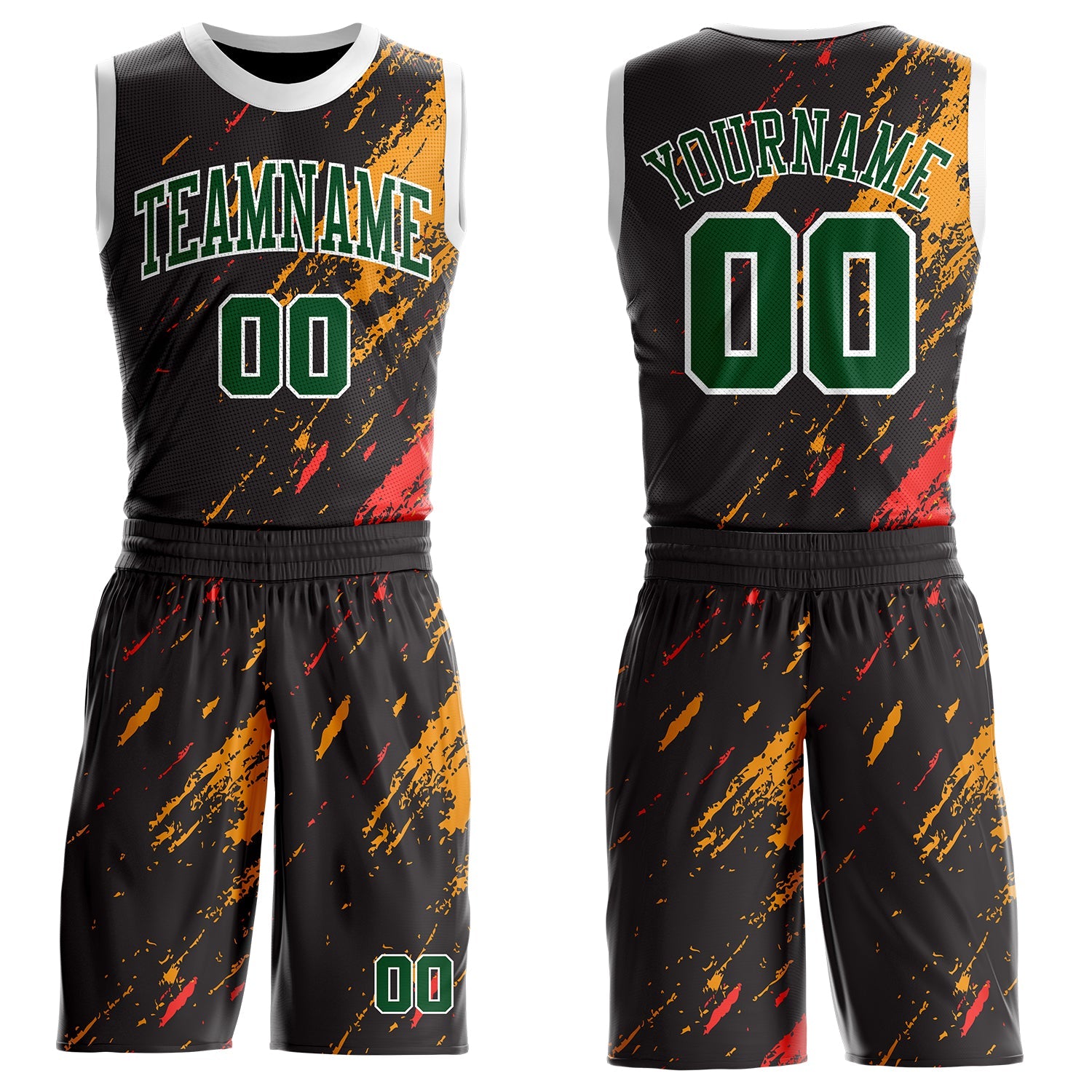 Custom Black Green Yellow Red-White Brush Stroke Paint Splash Round Neck Sublimation Basketball Uniform Jersey - Main View