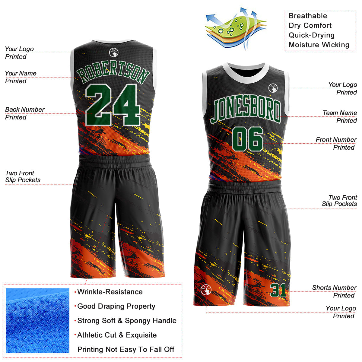 Custom Black Green Orange Yellow-White Brush Stroke Paint Splash Round Neck Sublimation Basketball Uniform Jersey view 2