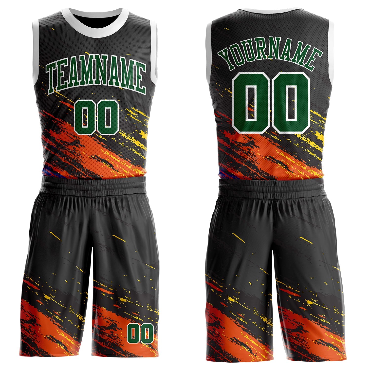 Custom Black Green Orange Yellow-White Brush Stroke Paint Splash Round Neck Sublimation Basketball Uniform Jersey - Main View