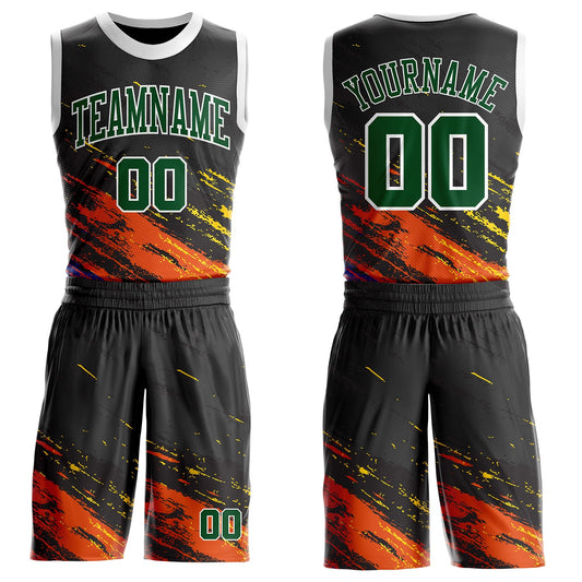 Custom Black Green Orange Yellow-White Brush Stroke Paint Splash Round Neck Sublimation Basketball Uniform Jersey - Main View