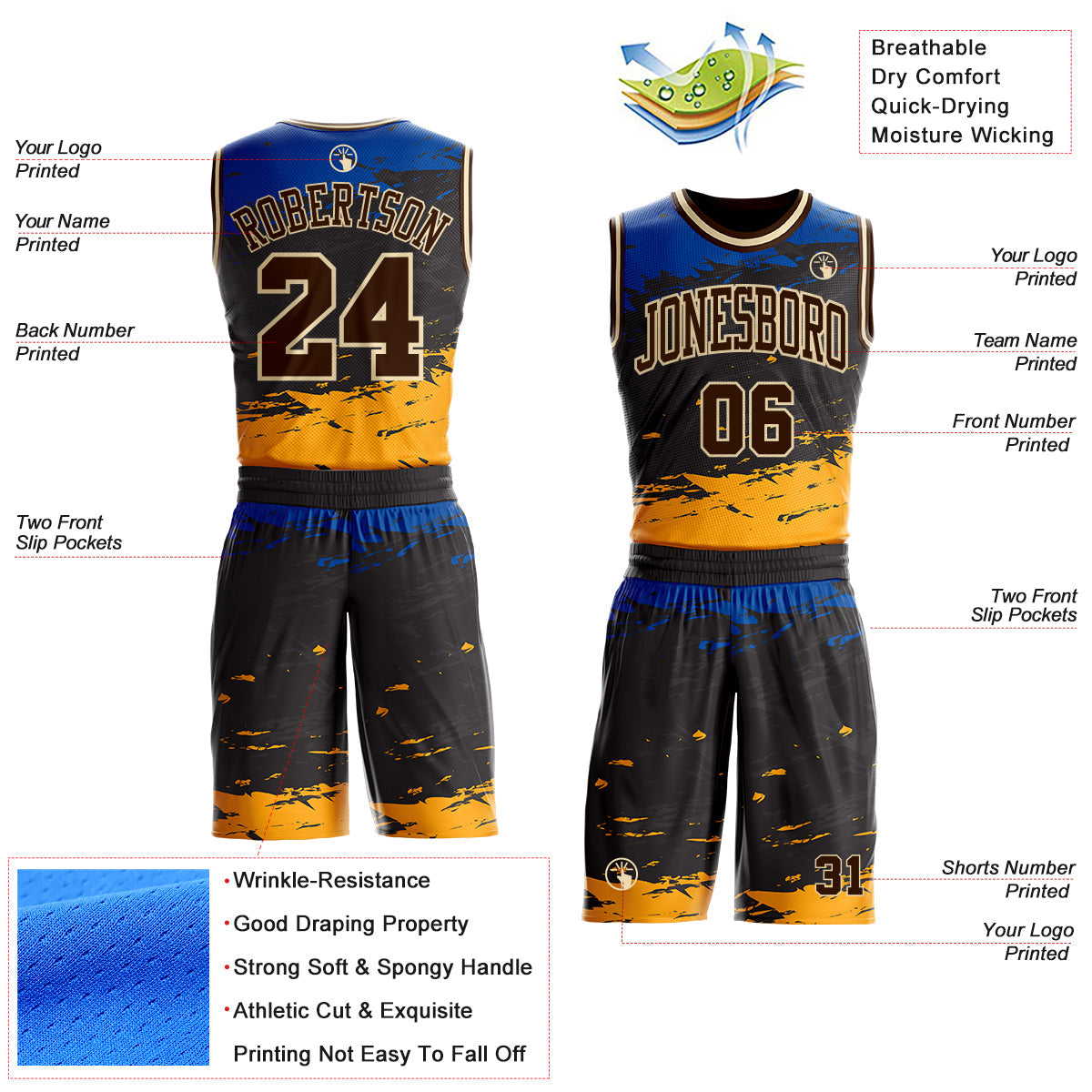 Custom Black Brown Blue Yellow-Cream Brush Stroke Paint Splash Round Neck Sublimation Basketball Uniform Jersey view 2