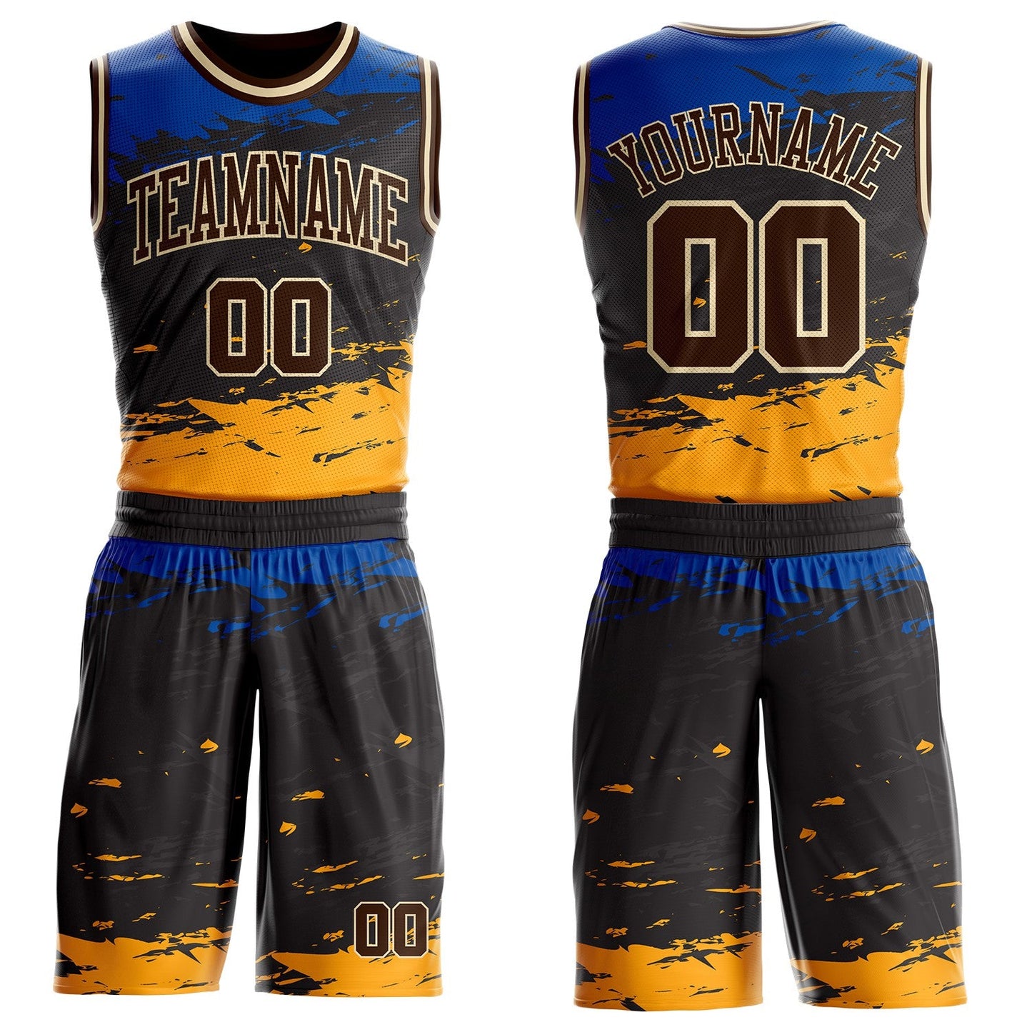 Custom Black Brown Blue Yellow-Cream Brush Stroke Paint Splash Round Neck Sublimation Basketball Uniform Jersey - Main View