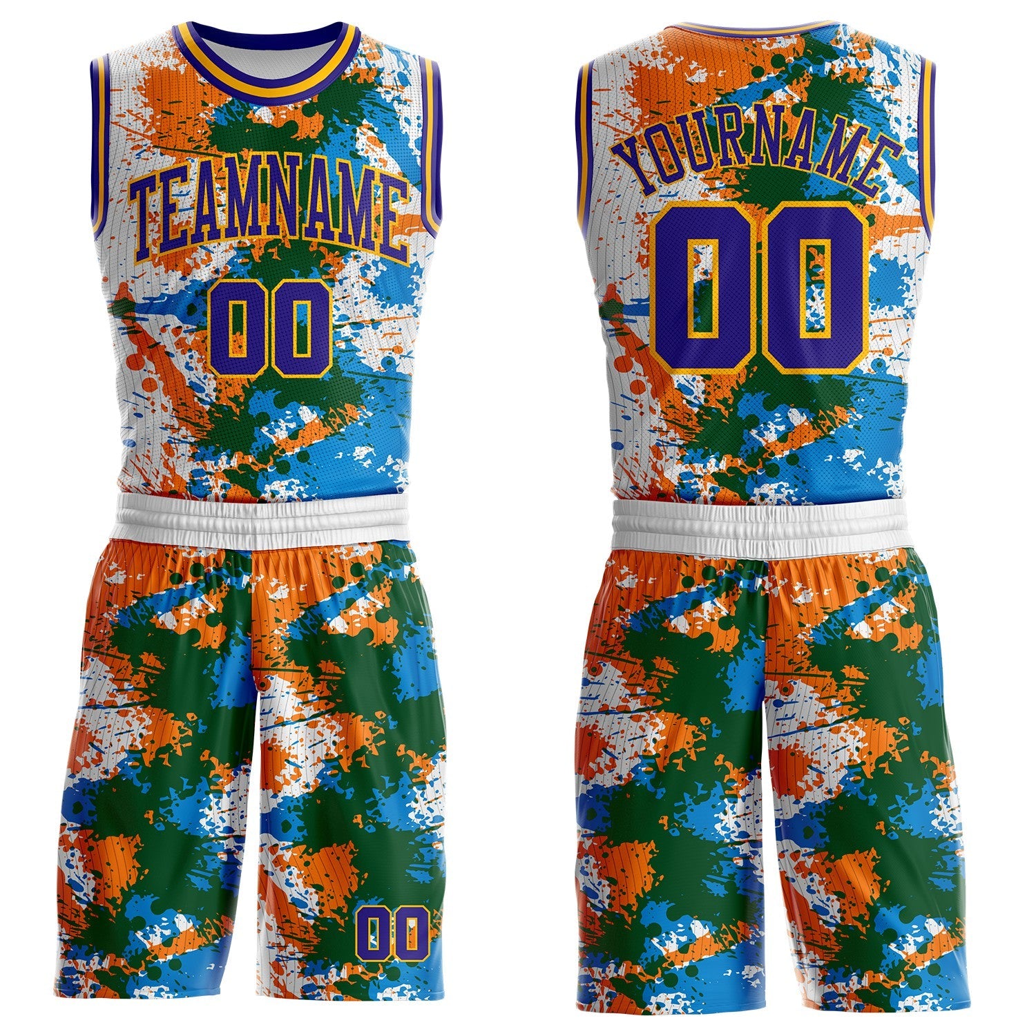 Custom White Dark Purple Orange Green Blue-Gold Paint Splatter Round Neck Sublimation Basketball Uniform Jersey - Main View