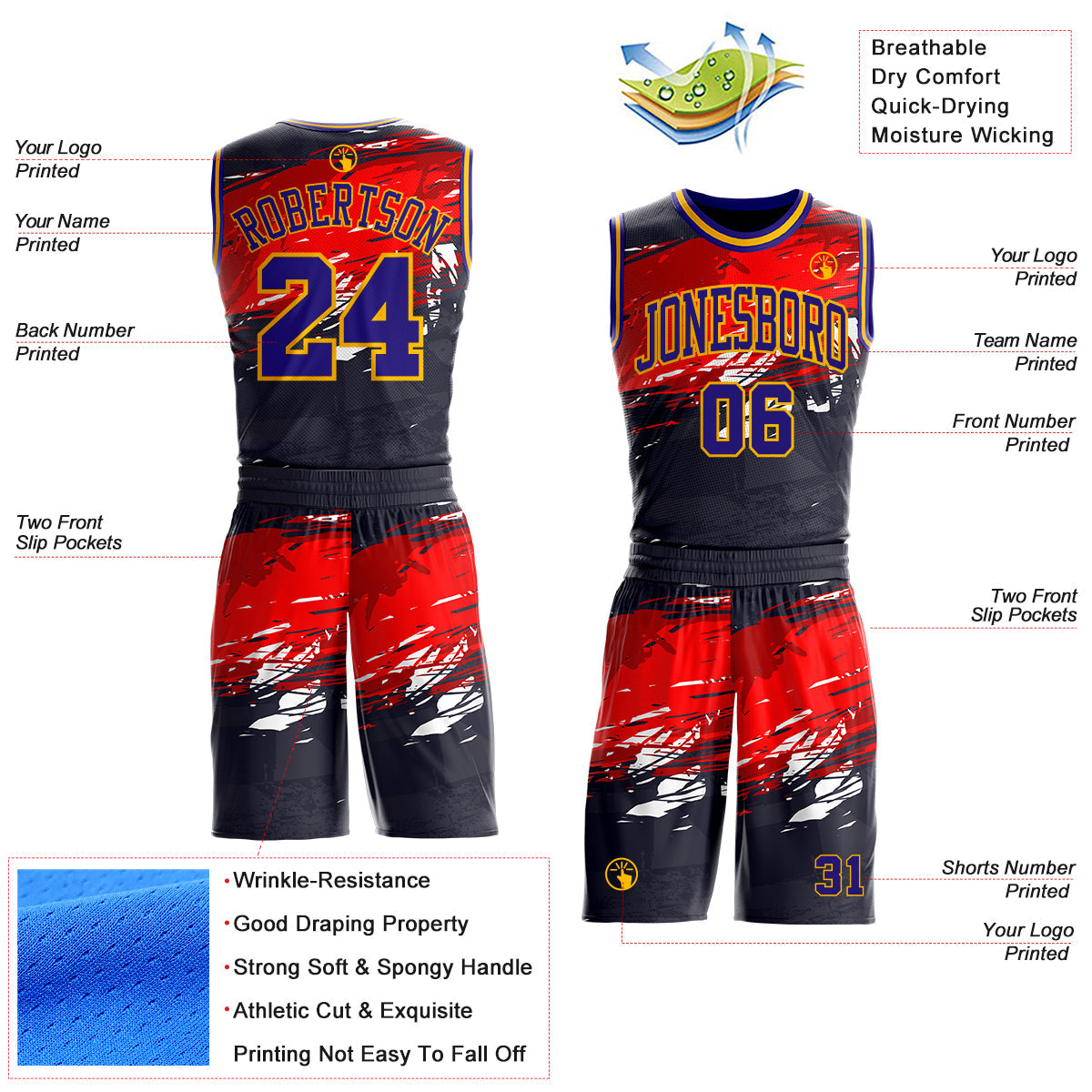 Custom Black Dark Purple Red-Gold Brush Stroke Paint Splash Round Neck Sublimation Basketball Uniform Jersey view 2