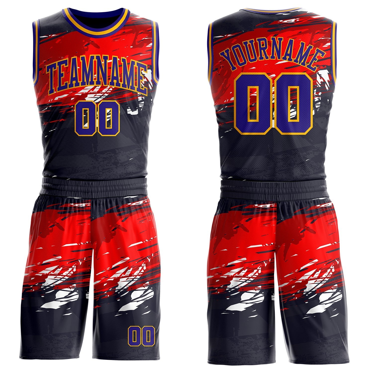 Custom Black Dark Purple Red-Gold Brush Stroke Paint Splash Round Neck Sublimation Basketball Uniform Jersey - Main View