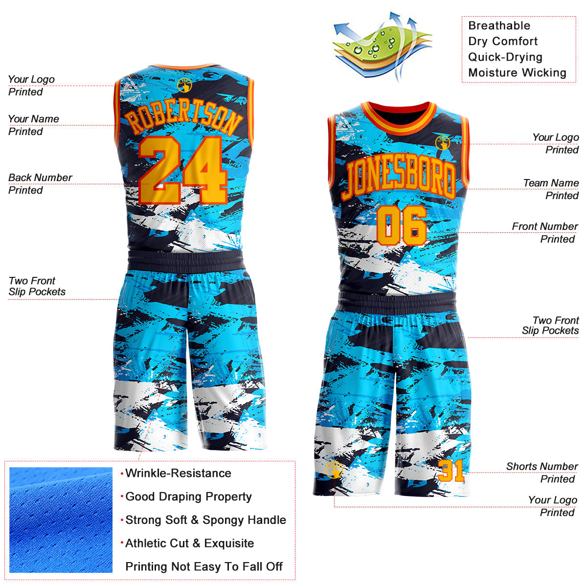 Custom Blue Gold-Orange Brush Stroke Paint Splash Round Neck Sublimation Basketball Uniform Jersey view 2