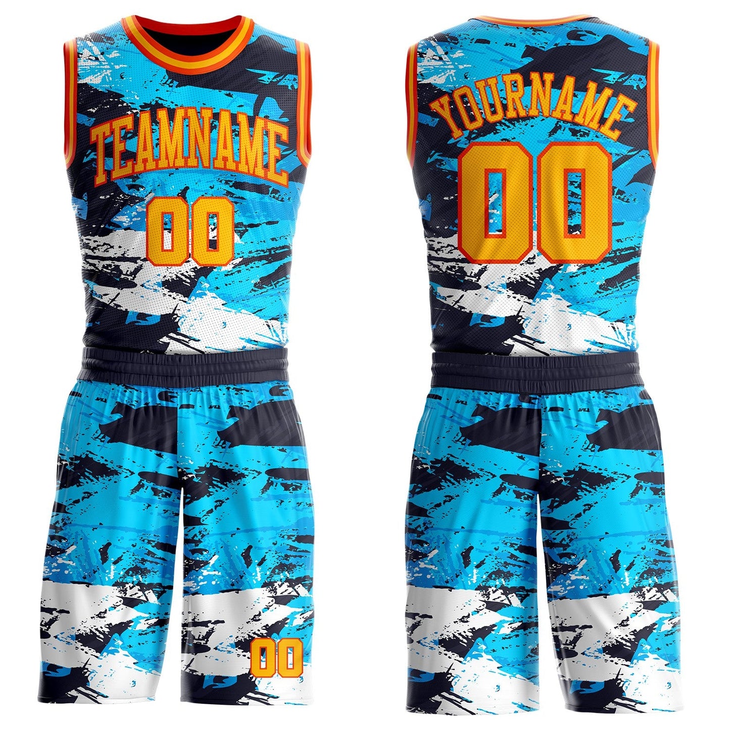Custom Blue Gold-Orange Brush Stroke Paint Splash Round Neck Sublimation Basketball Uniform Jersey - Main View