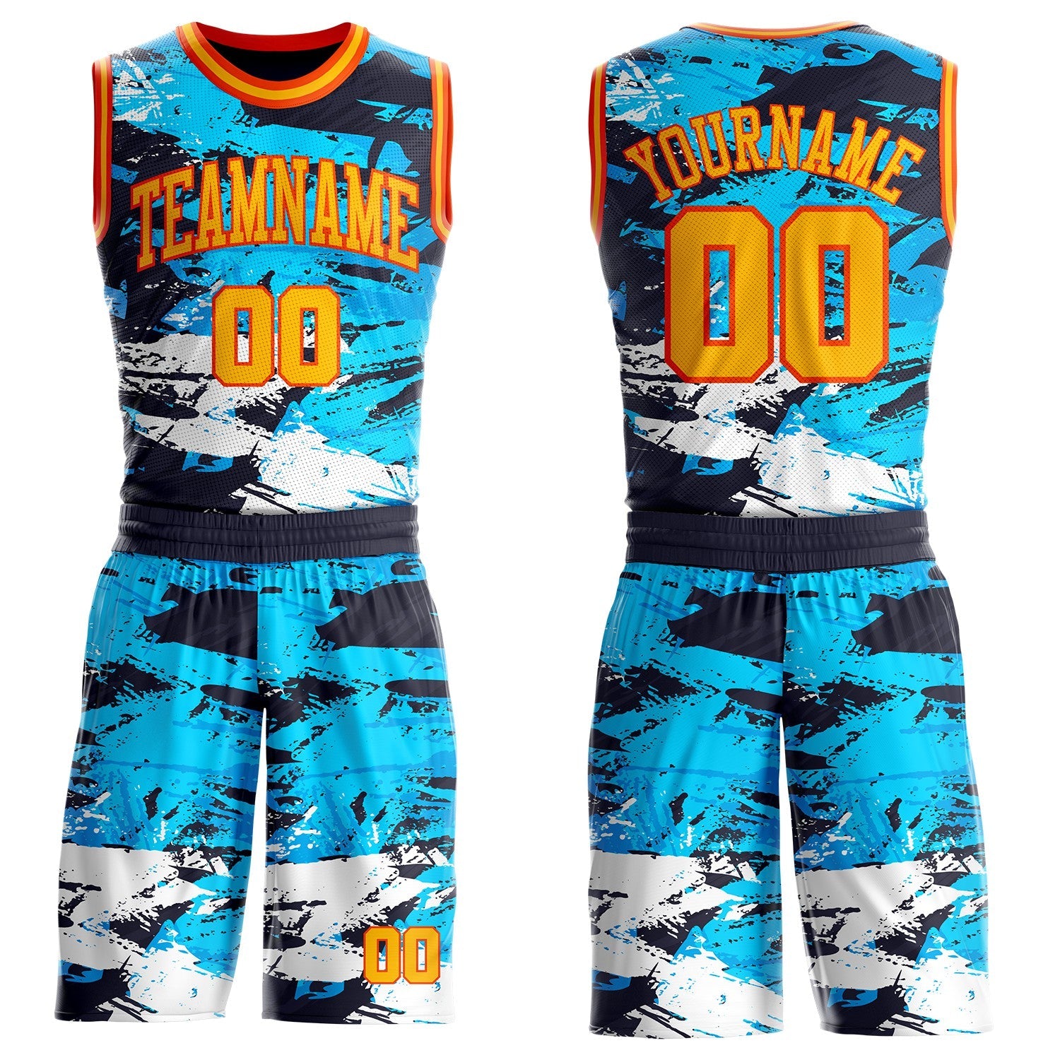 Custom Blue Gold-Orange Brush Stroke Paint Splash Round Neck Sublimation Basketball Uniform Jersey - Main View