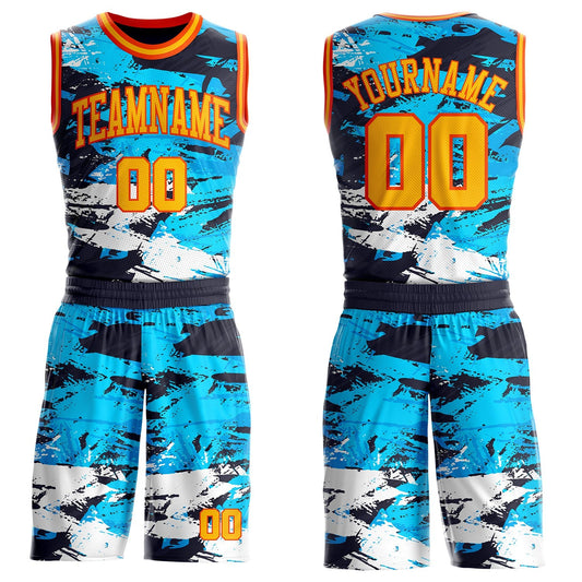 Custom Blue Gold-Orange Brush Stroke Paint Splash Round Neck Sublimation Basketball Uniform Jersey - Main View